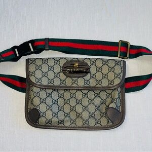 Tan and Brown Belt Bag in Beige with Red and Green Strap